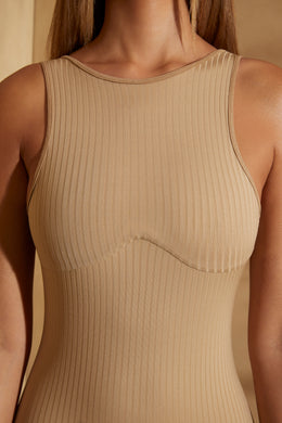 Petite Ribbed Cut Out Back Jumpsuit in Tan