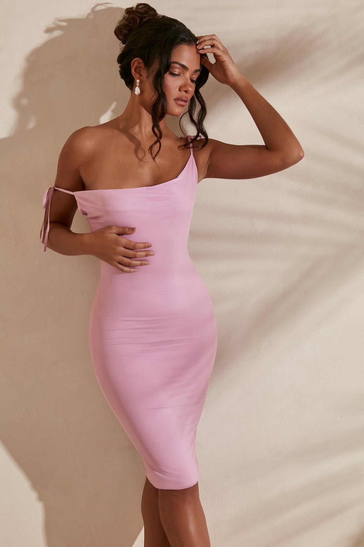 Front view of Cowl Neck midi dress in pink.