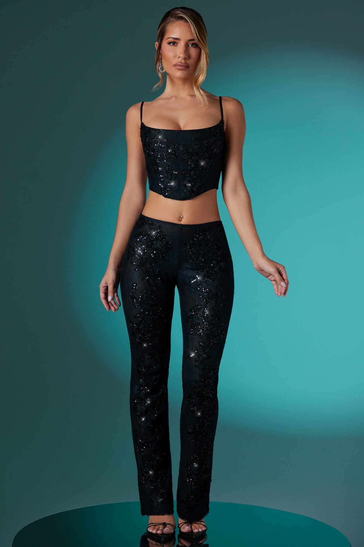 Neve Long Sleeve Embellished Lace Corset Crop Top in Black