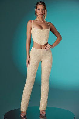 Embellished Lace Low Rise Trousers in Ivory