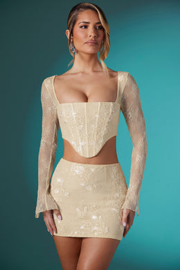 Embellished Lace Bodycon Mini Skirt in Ivory