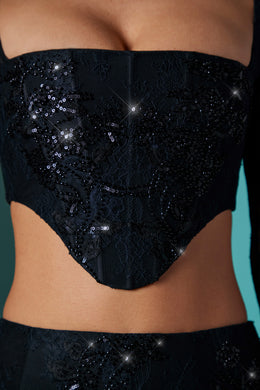 Top court corset orné de dentelle à manches longues en noir