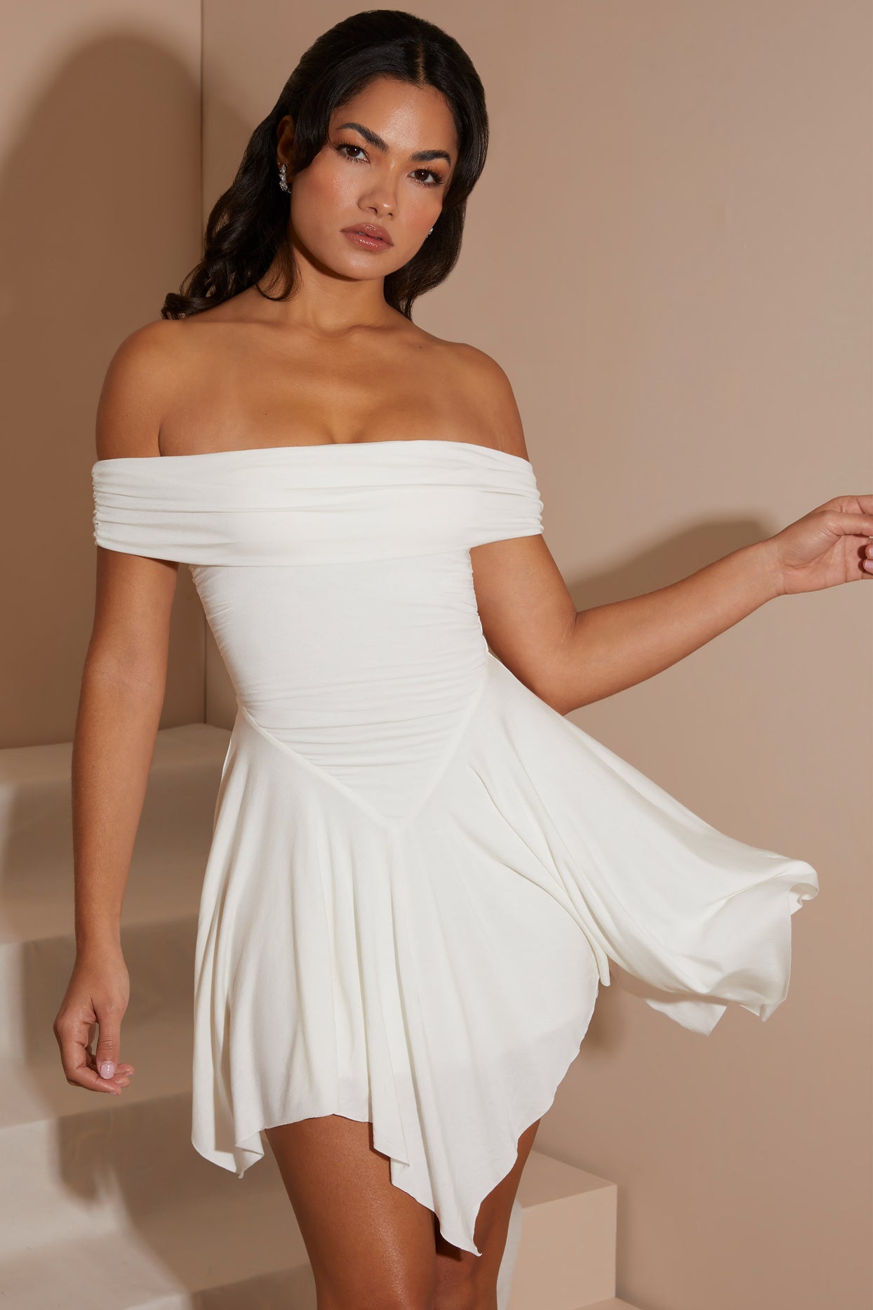 Handkerchief Hem Ruched Bardot Mini Dress in White