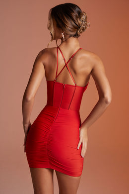 Asymmetric Neckline Corset Mini Dress in Red