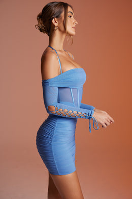 Lace Up Long Sleeve Corset Mini Dress in Blue