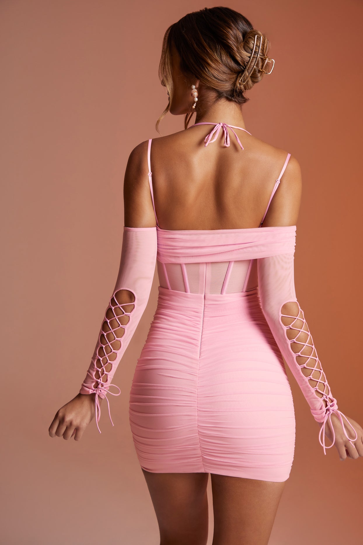 Lace Up Long Sleeve Corset Mini Dress in Pink