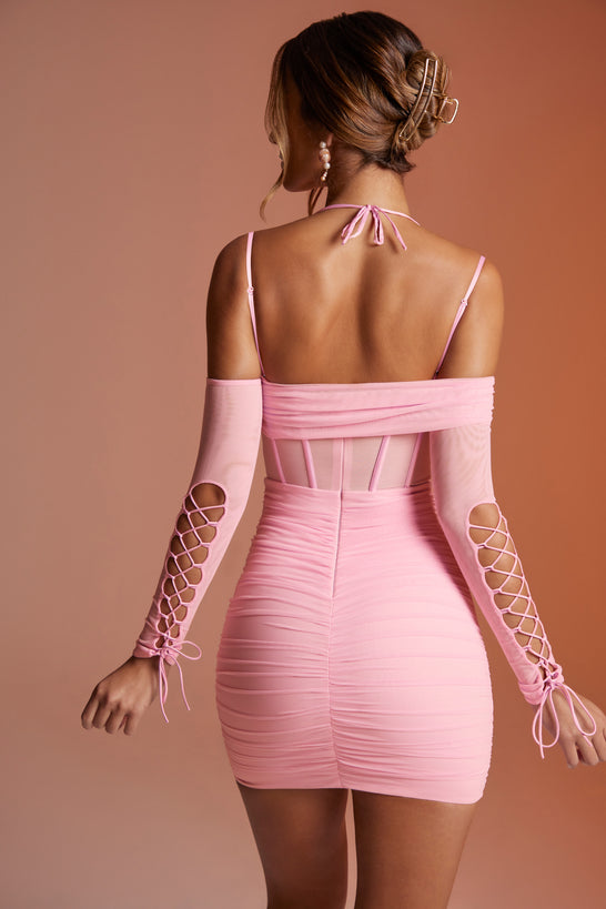 Koronkowa sukienka mini z długim rękawem w kolorze różowym