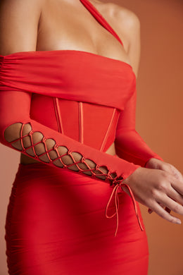 Lace Up Sleeve Corset Crop Top in Red