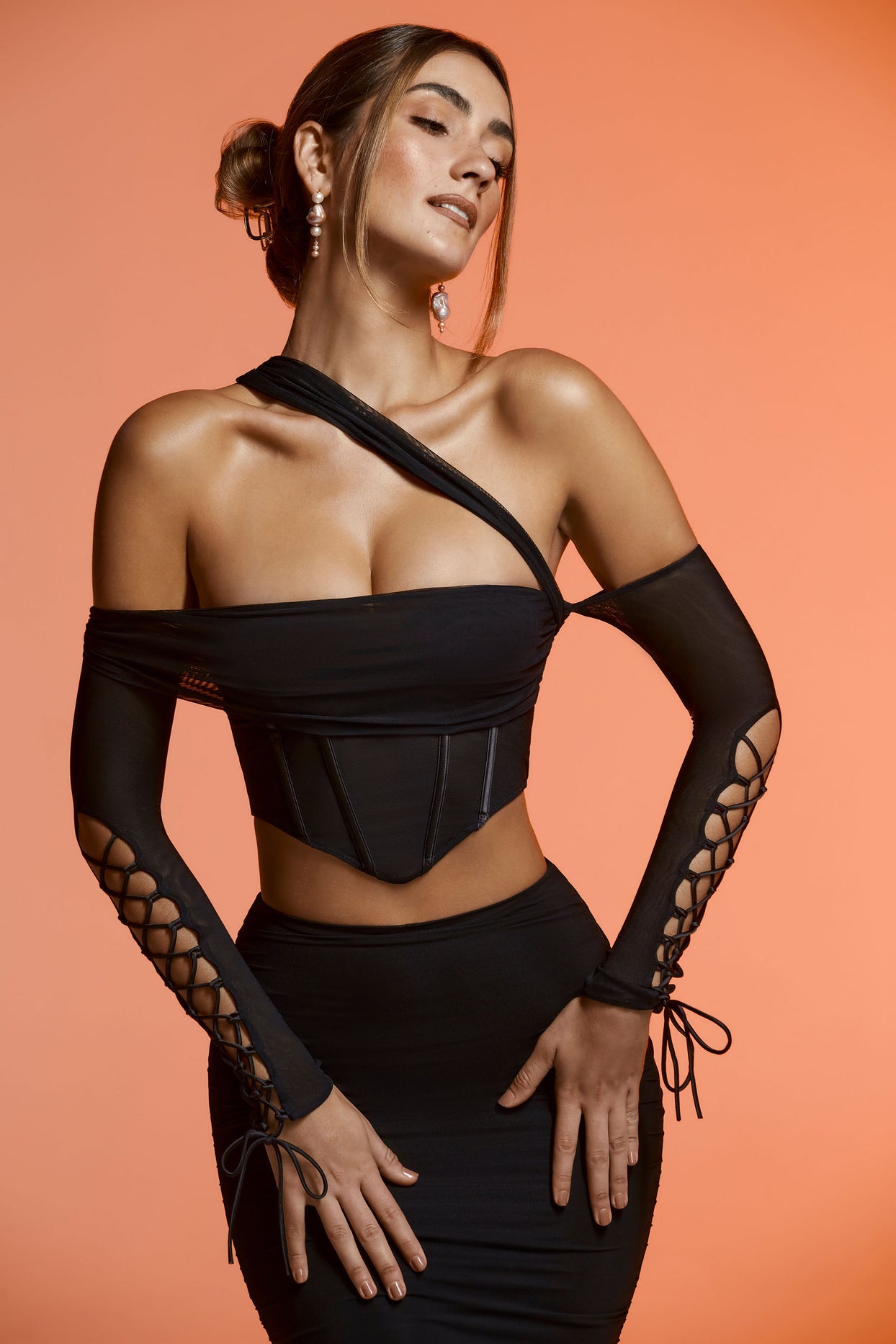 Lace Up Long Sleeve Corset Crop Top in Black
