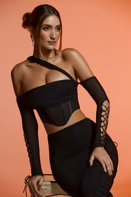Lace Up Long Sleeve Corset Crop Top in Black