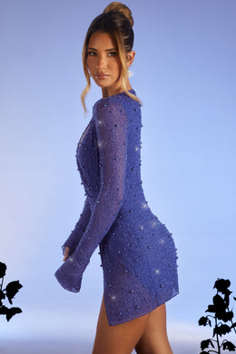 Embellished Wrap Over A-Line Mini Dress in Dark Blue