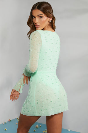 Chelsea Embellished Wrap Over A-Line Mini Dress in Mint | Oh Polly Chelsea Embellished Wrap Over A-Line Mini Dress in Mint | Oh Polly