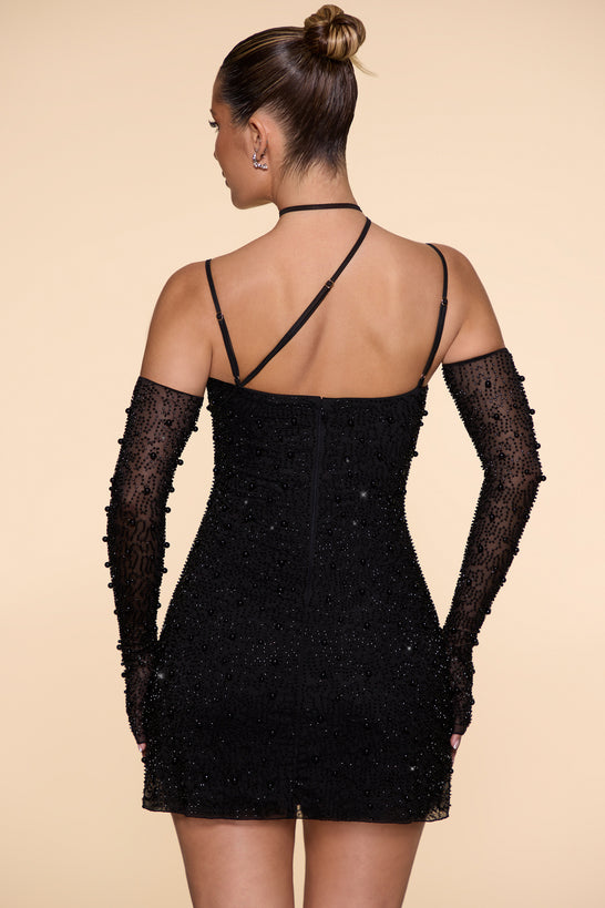 Mini-robe corset asymétrique ornée en noir