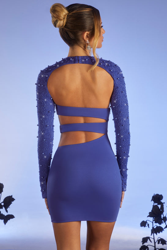 Ozdobiona sukienka mini z długim rękawem i wycięciem w kolorze ciemnoniebieskim