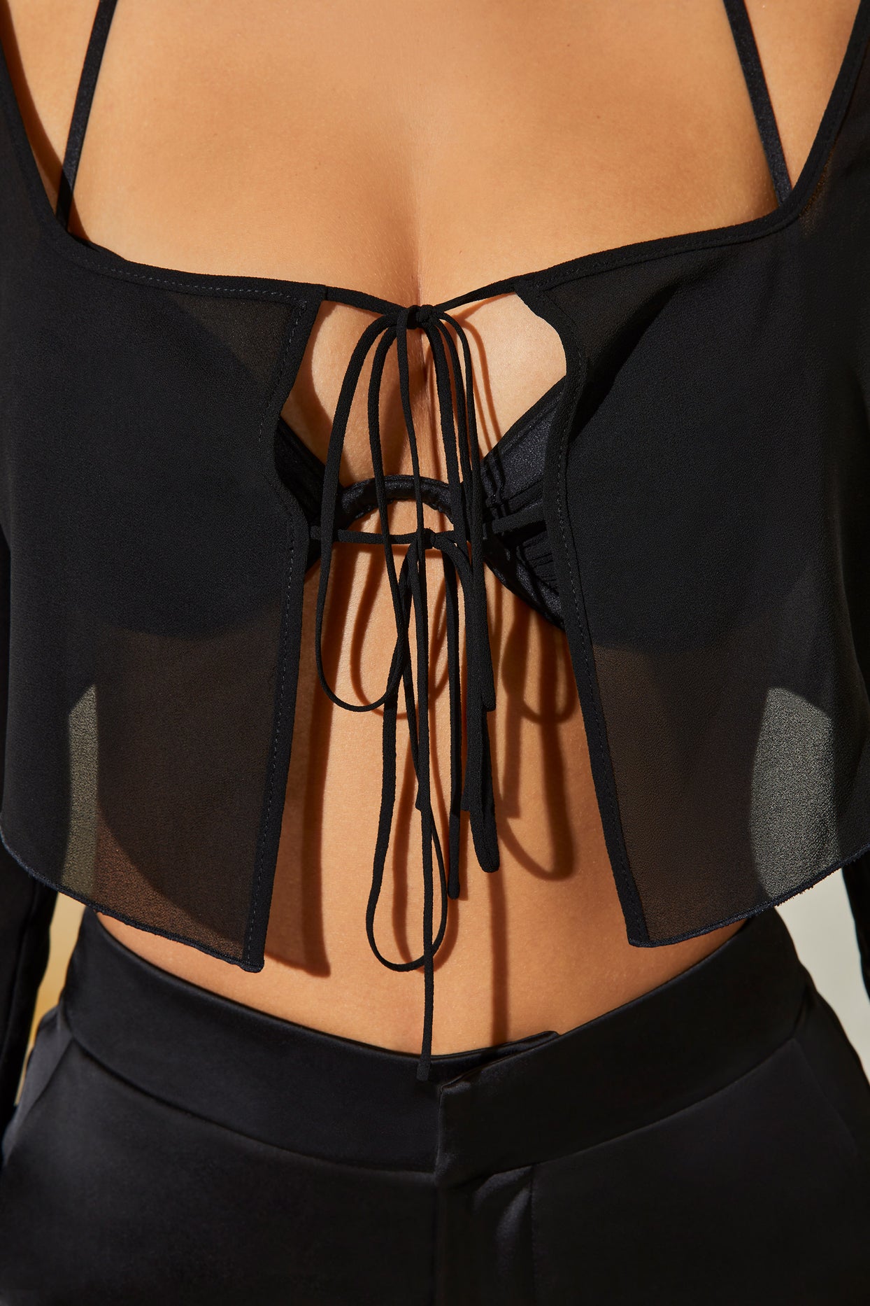 Long Sleeve Ruched Bralette with Sheer Overlay in Black