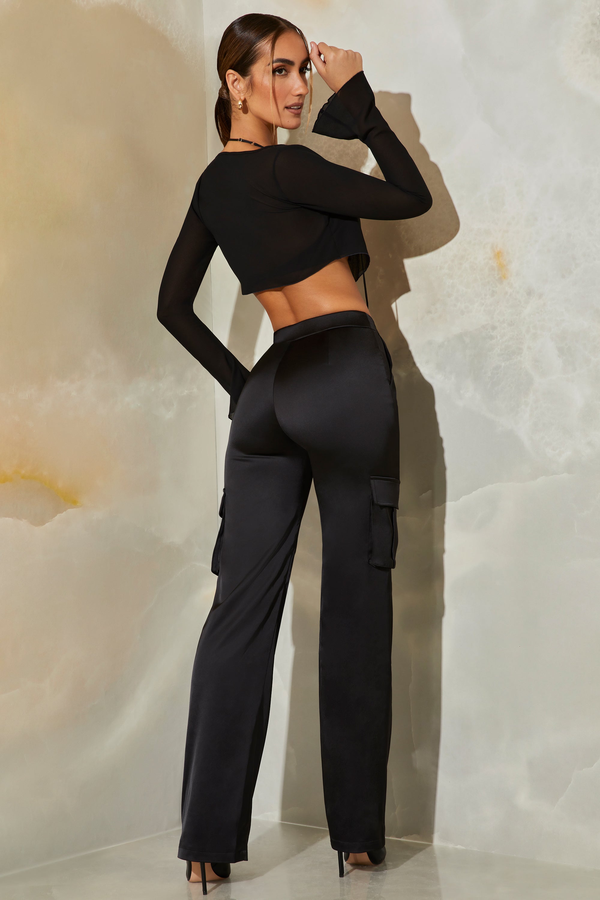 Black Satin Cargo Trousers - Quiz Clothing