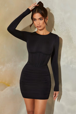 Mini-robe corset à manches longues en noir