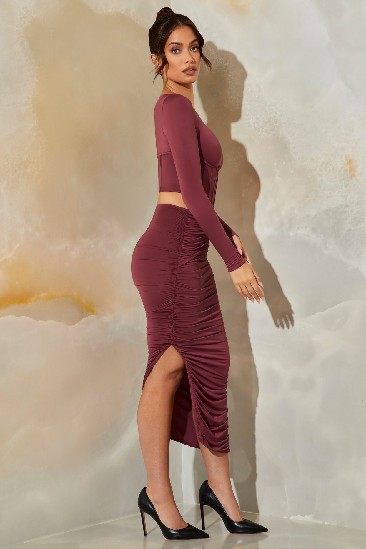 Ruched Maxi Skirt in Dark Mauve - 3