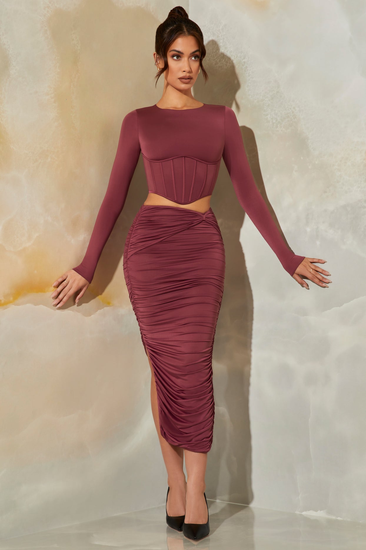 Ruched Maxi Skirt in Dark Mauve - 6