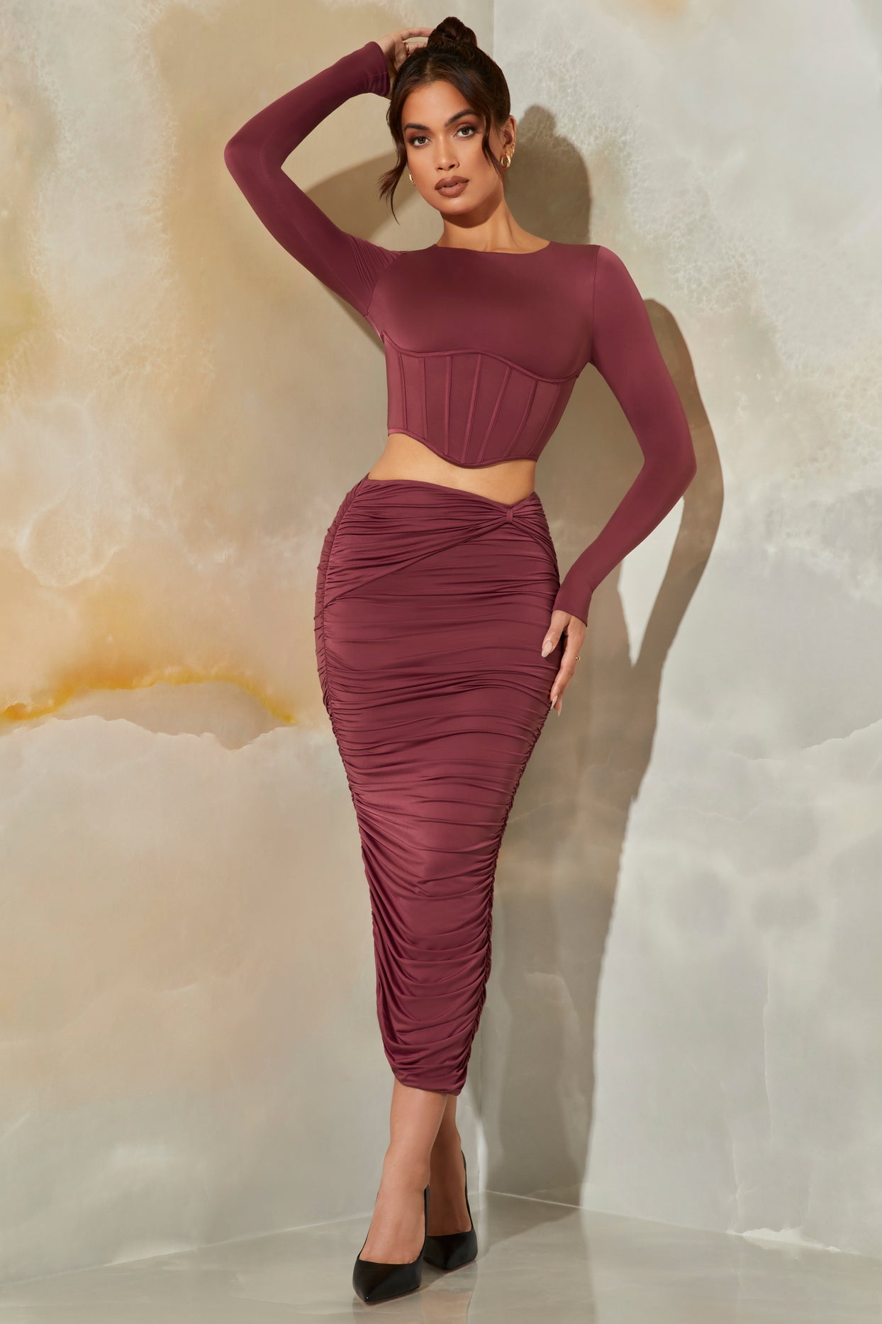 Ruched Maxi Skirt in Dark Mauve - 7