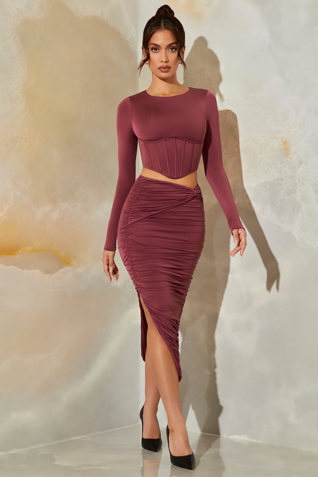 Ruched Maxi Skirt in Dark Mauve - 1
