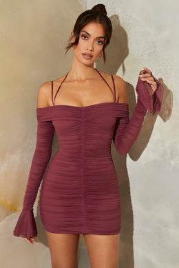 Bardot Long Sleeve Ruched Mini Dress in Dark Mauve