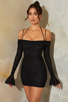 Mini-robe froncée à manches longues Bardot en noir