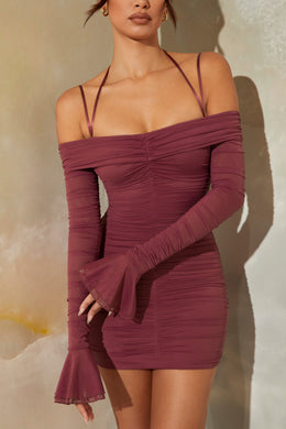 Bardot Long Sleeve Ruched Mini Dress in Dark Mauve