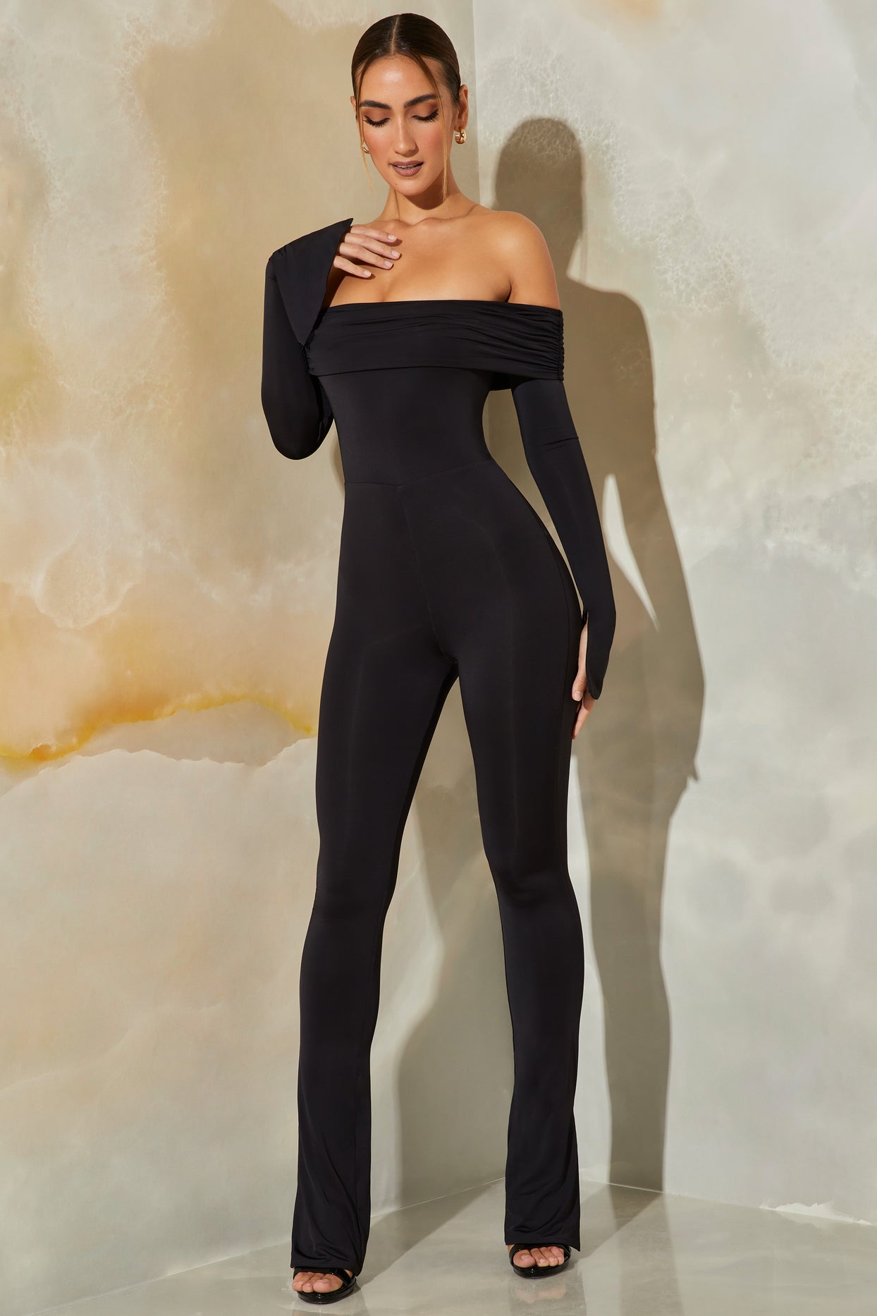 Petite Long Sleeve Open Back Jumpsuit in Black