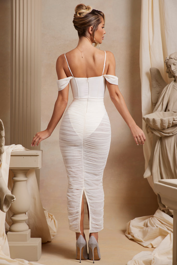 Off The Shoulder Ruched Corset Maxi Dress in Ivory