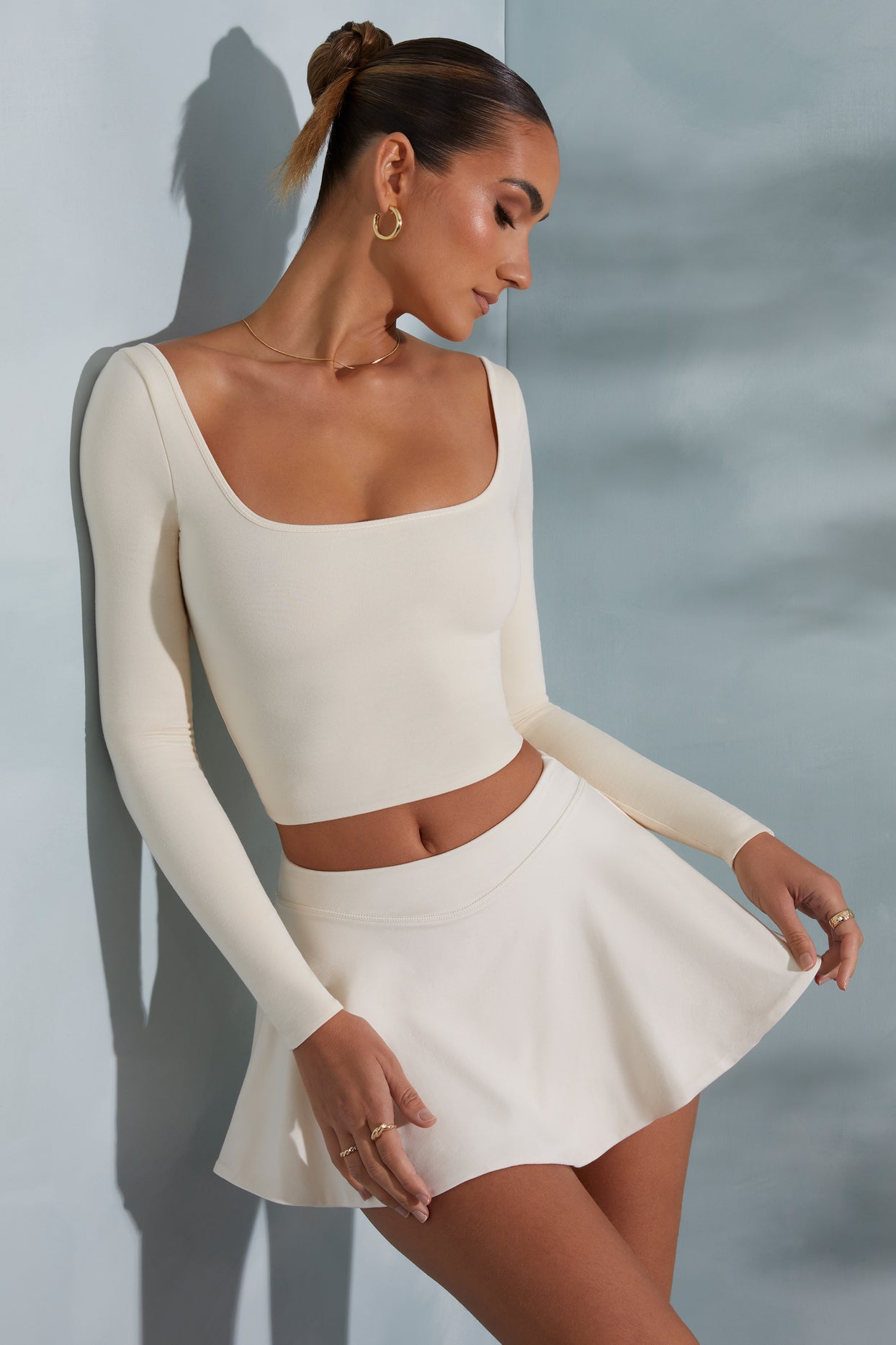Rounded Square Neck Long Sleeve Top in Ivory
