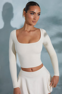 Rounded Square Neck Long Sleeve Top in Ivory