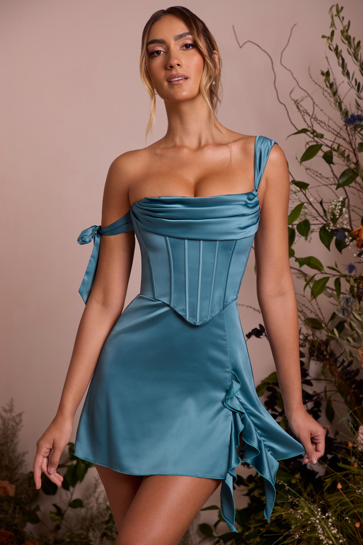 Mini-robe corset à épaules dénudées en bleu sarcelle