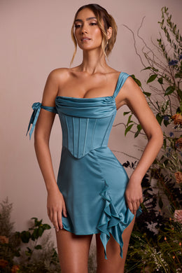 Gorsetowa mini sukienka z odkrytymi ramionami w kolorze turkusowym