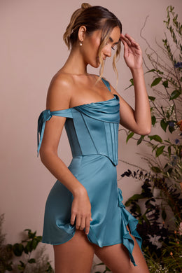 Gorsetowa mini sukienka z odkrytymi ramionami w kolorze turkusowym