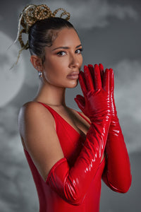 Hand Stitched Vinyl Opera Gloves in Red