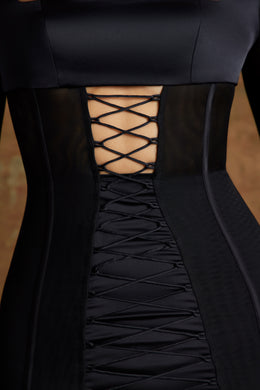 Koronkowa gorsetowa mini sukienka z długim rękawem w kolorze czarnym