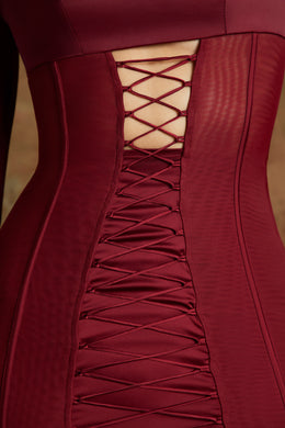 Koronkowa gorsetowa mini sukienka z długim rękawem w kolorze wina