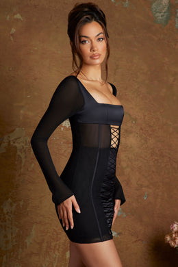 Koronkowa gorsetowa mini sukienka z długim rękawem w kolorze czarnym