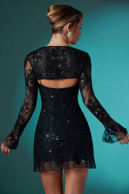 Long Sleeve Embellished Lace Shrug in Black
