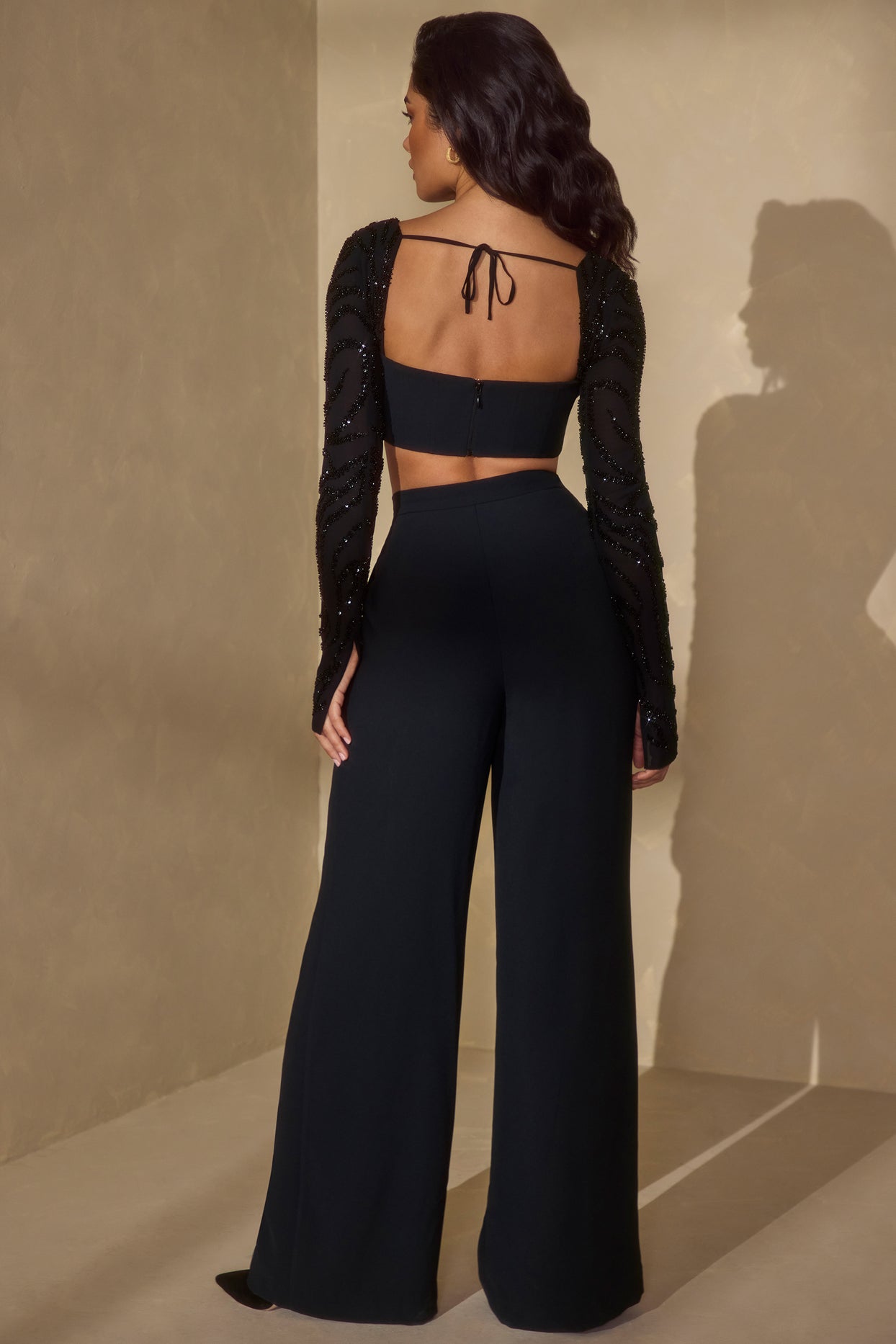 High Waisted Flared Trousers in Black Crepe Ready To Ship