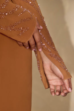 Embellished Sleeve Corset Crop Top in Caramel
