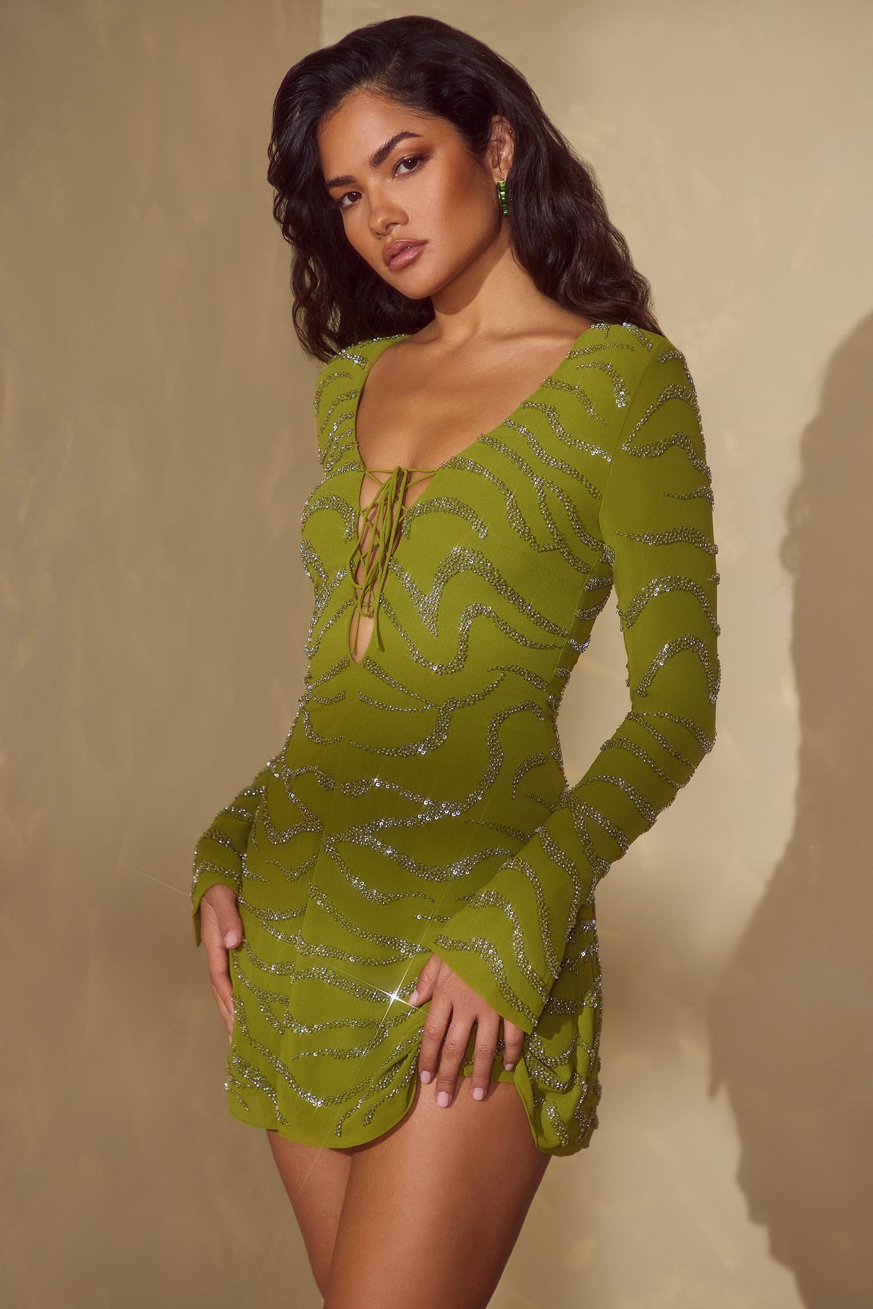 Long Sleeve Lace Up Mini Dress in Olive