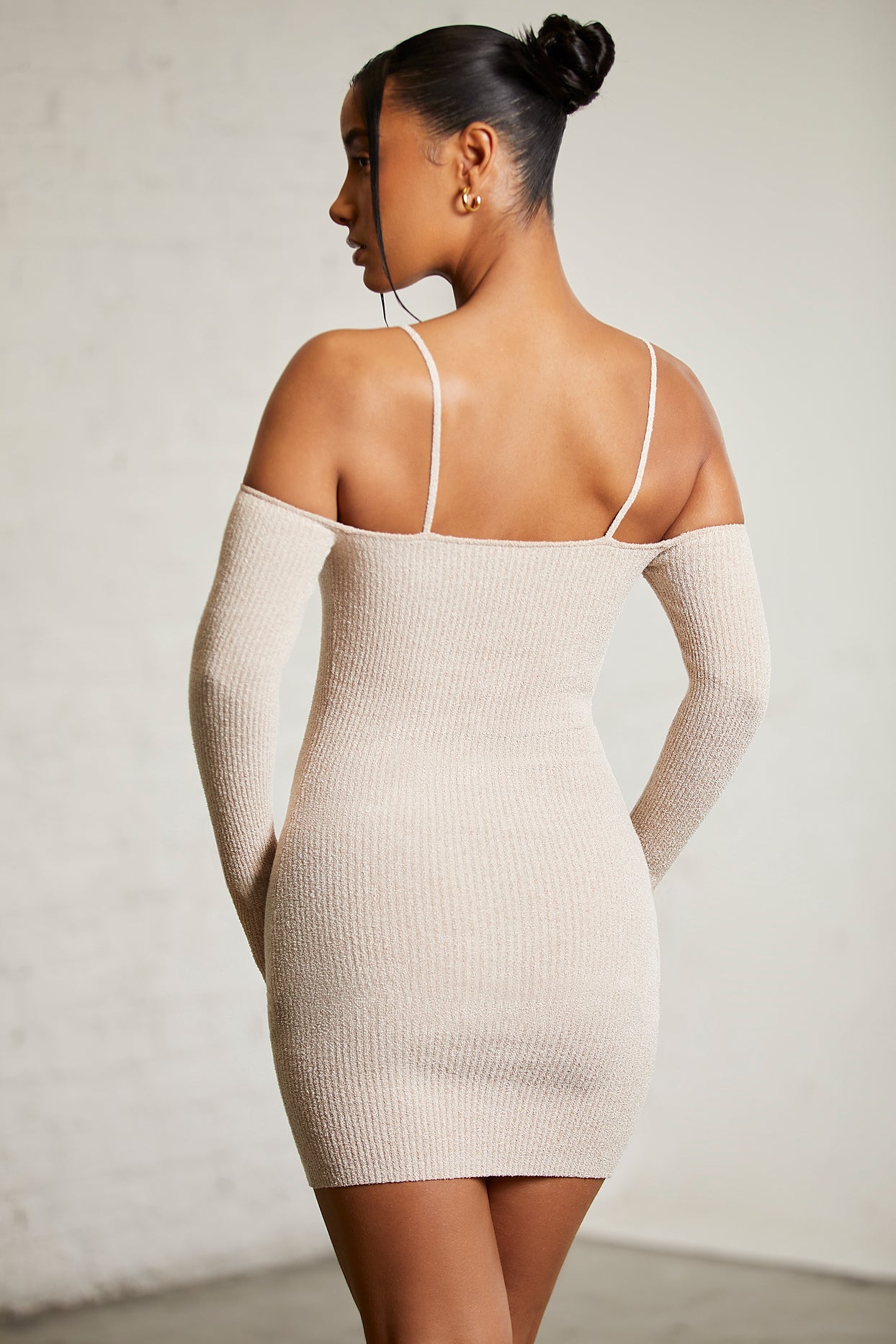 Cold Shoulder Long Sleeve Mini Dress in Beige