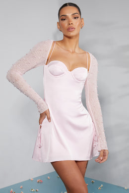 Zdobiona sukienka mini o linii A z długim rękawem w kolorze różu