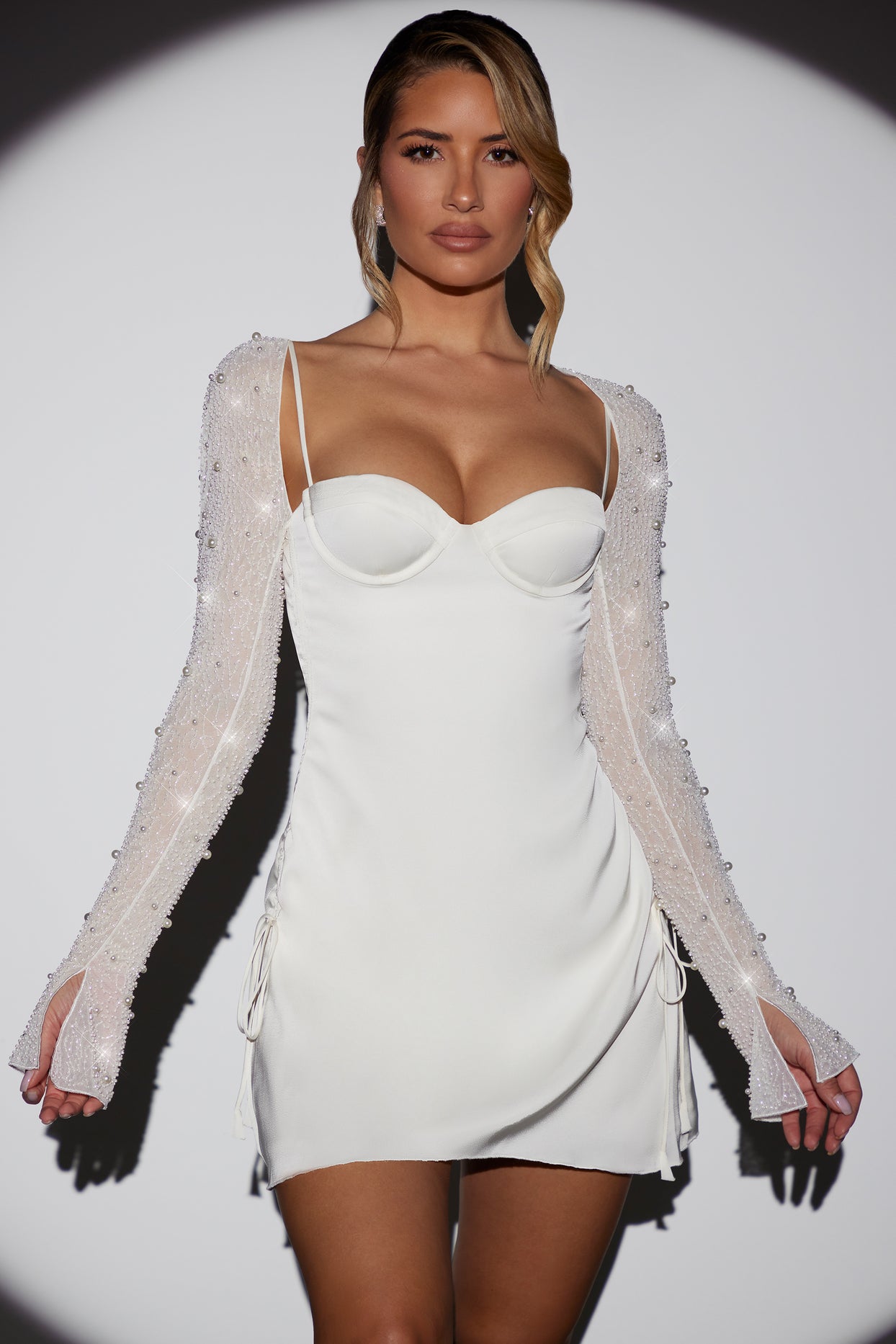 Long Sleeve Embellished A-line Mini Dress in White