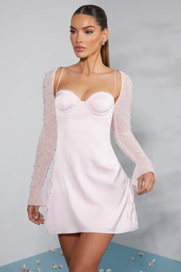 Zdobiona sukienka mini o linii A z długim rękawem w kolorze różu