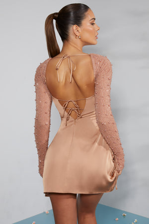 Geneva Long Sleeve Embellished A-line Mini Dress in Beige | Oh Polly Geneva Long Sleeve Embellished A-line Mini Dress in Beige | Oh Polly