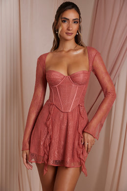 Long Sleeve Lace Corset Mini Dress in Terracotta