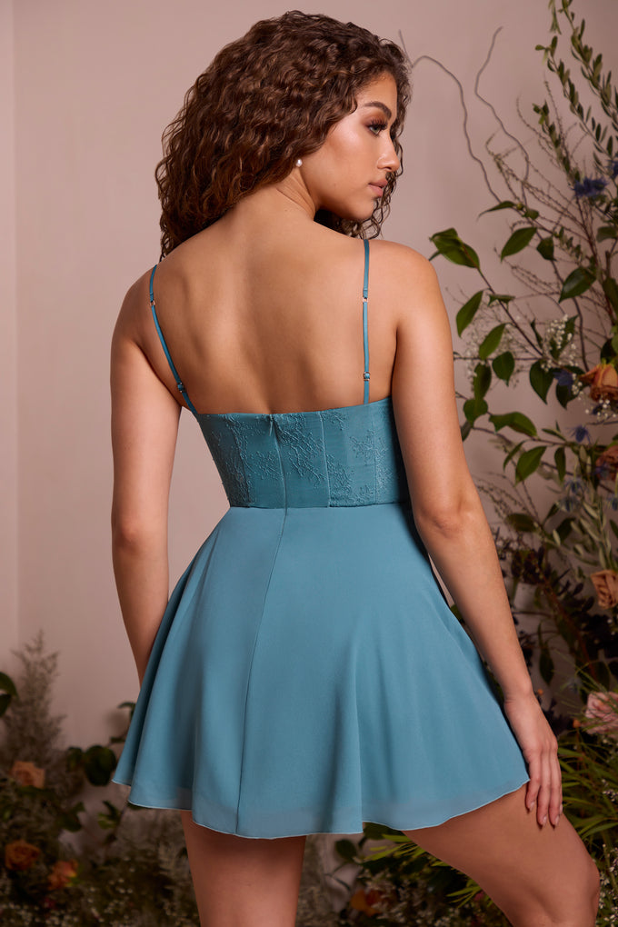 Mini-robe corset en dentelle à décolleté plongeant, bleu sarcelle